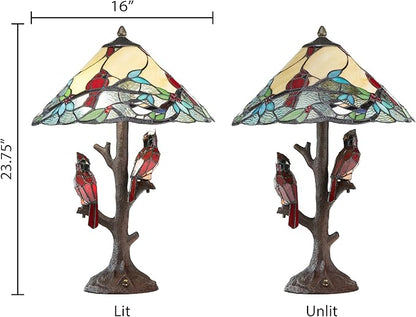 RIVER OF GOODS - Stained Glass Triple Lit Cardinals on Tree Table Lamp - 23.75" in - Table Lamp for Bedroom - Bedside Lamp - Desk Lamps for Home Office - Tiffany Style - Multi Color
