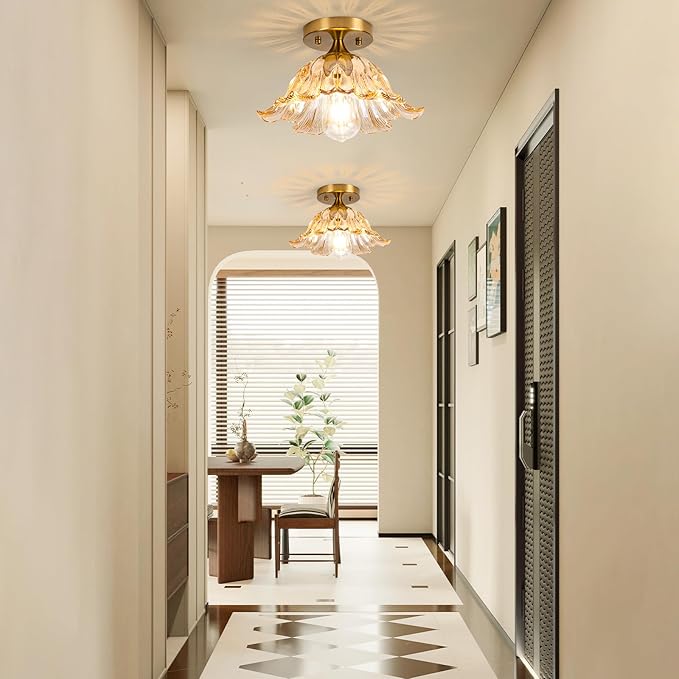 Semi Flush Mount Ceiling Light, Vintage Ceiling Light E26,Amber Shade Glass Hallway Light Fixture for Kitchen Porch Bedroom,Bulb Included 3000K
