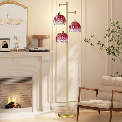 Pink Floor Lamp for Living Room,Bedroom,Gold Mid Century Modern Standing Lamp Brass Tree 3 Light Tall Floor Lamps Vintage Retro Floor Lights Glass Flower Lamp Shade Farmhouse Boho Bohemian
