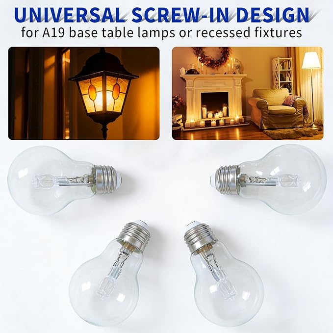 043168787963 78796 Halogen Light Bulb for A19 Types 43 Watt 120V 60 Watt Replacement E26 Thread for Table Lamps 4PCS