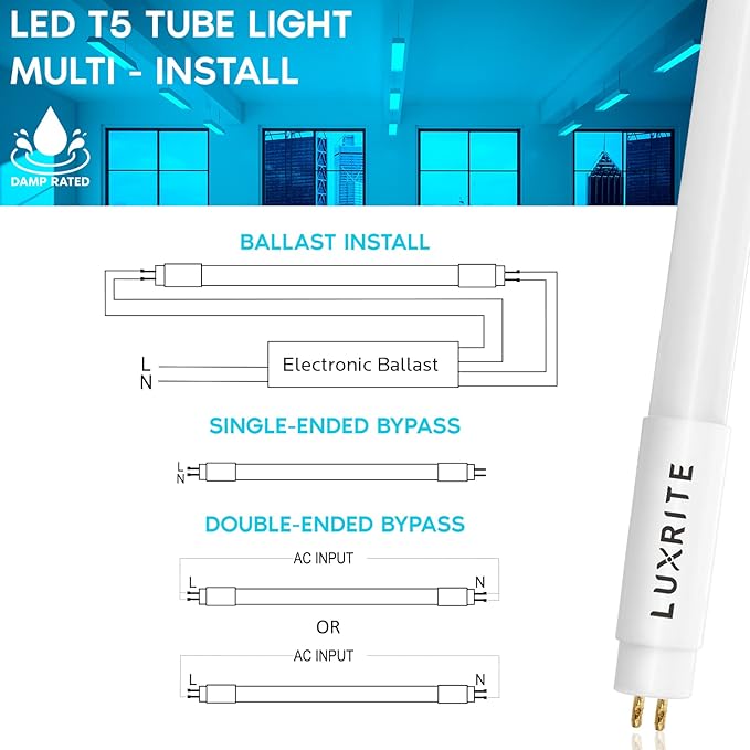 LUXRITE 4FT T5 LED Tube Lights, Type A+B, 24W=54W, 4000K Cool White, 45.78", Ballast and Ballast Bypass Compatible, Single or Double End Powered, F54T5 Fluorescent Replacement, Damp Rated (4 Pack)