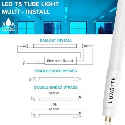 LUXRITE 4FT T5 LED Tube Lights, Type A+B, 24W=54W, 4000K Cool White, 45.78", Ballast and Ballast Bypass Compatible, Single or Double End Powered, F54T5 Fluorescent Replacement, Damp Rated (4 Pack)