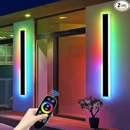 Mikeru Upgraded Widened RGB Long LED Wall Lights, 2Pack 31.4inch Outdoor Sconces RGB/Warm/White Dimmable Outdoor Wall Lights Exterior Front Porch Light Ip65 Waterproof Wall Sconce with Remote Control