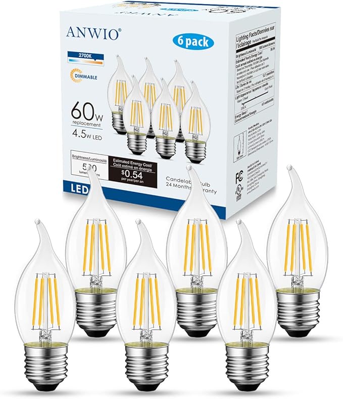 ANWIO Flame Tip LED Filament Bulb Candelabra E26 Base, Dimmable 4.5W (60W Equivalent) B11 Chandelier Candle Light Bulb，2700K Warm White 6-Pack