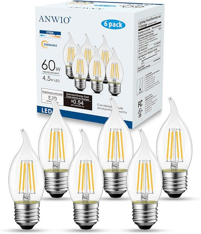 ANWIO Flame Tip LED Filament Bulb Candelabra E26 Base, Dimmable 4.5W (60W Equivalent) B11 Chandelier Candle Light Bulb，2700K Warm White 6-Pack