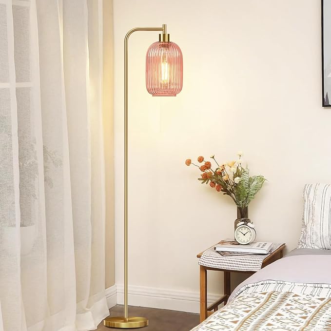 Pink Floor Lamp for Living Room,Bedroom,Gold Dimmable Standing Lamp with Remote,Mid Century Modern Brass Tall Lamp Retro Vintage Glass Lamp Floor Light Boho Bohemian
