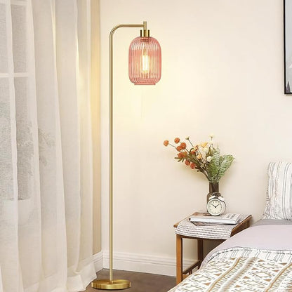 Pink Floor Lamp for Living Room,Bedroom,Gold Dimmable Standing Lamp with Remote,Mid Century Modern Brass Tall Lamp Retro Vintage Glass Lamp Floor Light Boho Bohemian