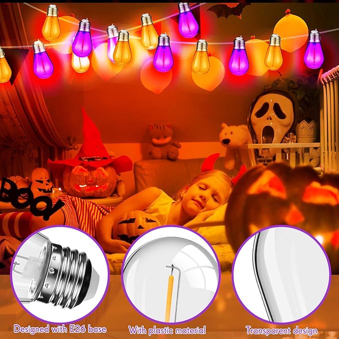 Mudder 60 Pack Light Bulbs 1w Replacement LED Light Bulbs S14 Shatterproof Waterproof String Lights Outdoor Indoor LED Lights Patio Bulb, E26 110v Regular Base(Purple and Orange,60 Pack)