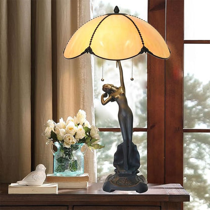 TL0033 Tiffany Style Table Lamp Stained Glass Umbrella Shade with Lady Sculpture Base W 15.75 X OH 27 Inches, Art Nouveau Lamp for Home Office, LED Bulbs Included