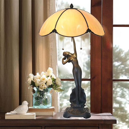 TL0033 Tiffany Style Table Lamp Stained Glass Umbrella Shade with Lady Sculpture Base W 15.75 X OH 27 Inches, Art Nouveau Lamp for Home Office, LED Bulbs Included