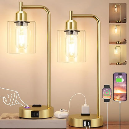 Innqoo Industrial Gold Table Lamp for Bedrooms Set of 2-3-Way Dimmable Desk Lamp with USB C+A Ports and Outlet, Gold Lamps with Clear Glass Shade for Living Room, Desk Lamps for Home Office