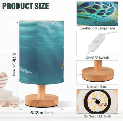 Bedside Lamp Turtle Teal Underwater Table Lamp for Bedroom LED Nightstand Lamp Shade USB Ports Wood Base for Living Room Dorm Office