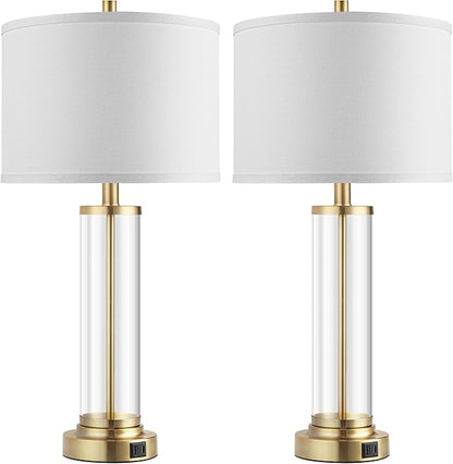 QiMH Lamps for Bedrooms Set of 2, Touch Control Table Lamps with USB A+C Ports, 3-Way Dimmable Bedside Lamp with Fabric Lampshade, Modern Nightstand Lamp for Living Room Bedroom (LED Bulbs Included)