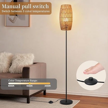 Floor Lamp for Living Room,Farmhouse Floor lamp,Modern Standing lamp with Hand-Worked Rattan Shade (Drum Rattan Shade Black Body Color-3 Color Bulb)