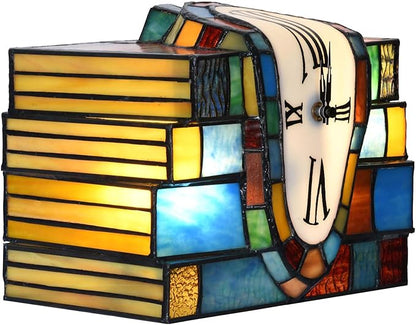 Bieye L12015 Melting Clock Draped Over a Stack of Books Tiffany Style Stained Glass Accent Table Lamp for Home Decoration