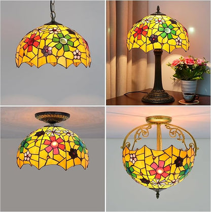 Tiffany Style Lamp Shade, 12 Inch Yellow Background Flower Stained Glass Lamp Shade Replacement Lamp Cover Accessories Fit for Table Lamp Pendant Light Ceiling Light