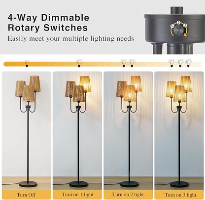 RORIANO Boho Floor Lamp for Living Room, 3-Light Rotary Switch Farmhouse Standing Bedroom Lamp with Rattan Shade, Tall Floor Lamps for Rustic, Coastal, Beach or Bohemian Decor, 3 LED Bulbs Included