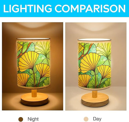 Ginkgo Tree Table Lamp LED 3-Color Pressed Bedside, Ginkgo Tree Shade Lamp with Wood Base for Bedroom Living Room Desk Office