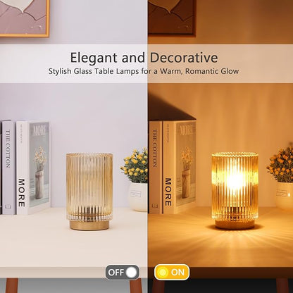 Battery Operated Lamp, Cordless Table Lamp with Timer, Desk Bedside Lamps with LED Warm Light, Glass Small Table Lamp for Bedroom, Bathroom, Living Room, Home Decor - Amber