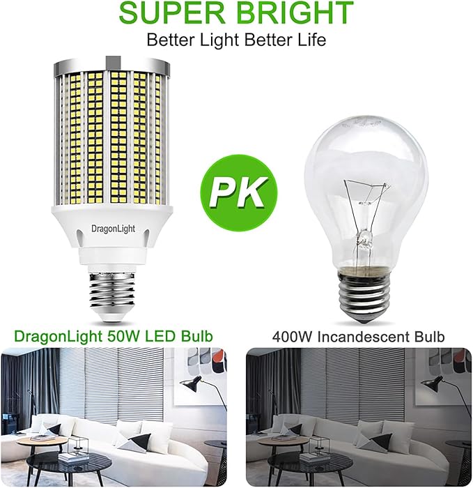 DragonLight 50W Super Bright LED Corn Light Bulbs (400 Watt Equivalent) - E26 Base LED Lamp 6000K Daylight 6,000 Lumens for Large Area Lighting, Pack of 2