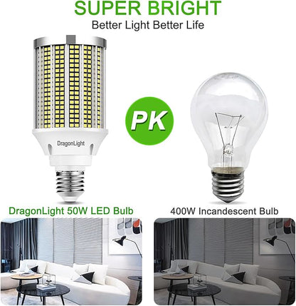 DragonLight 50W Super Bright LED Corn Light Bulbs (400 Watt Equivalent) - E26 Base LED Lamp 6000K Daylight 6,000 Lumens for Large Area Lighting, Pack of 2