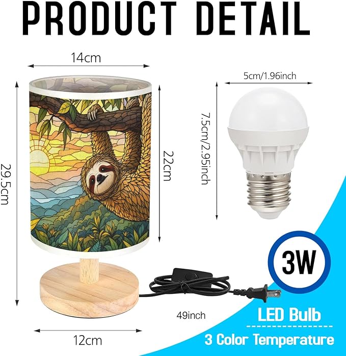 Sloth Table Lamp LED 3-Color Pressed Bedside, Sloth Shade Lamp with Wood Base for Bedroom Living Room Desk Office TL01