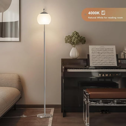Modern Floor Lamps with Globe Shade, 3 Color Temperatures & Foot Switch, Mid Century Standing Lamp Tall for Bedroom, Living Room, Office, Silver