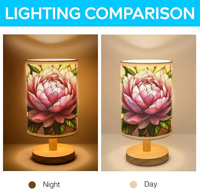 Peony Table Lamp LED 3-Color Pressed Bedside, Peony Shade Lamp with Wood Base for Bedroom Living Room Desk Office TL01