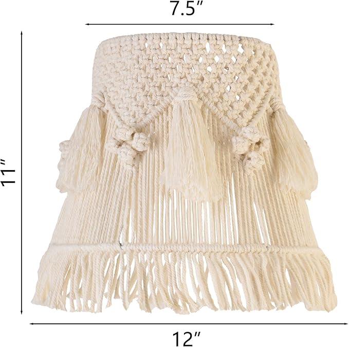 Boho Bell Lampshade Handmade White Ivory Lamp shade 7.5``Top x 12``Bottom x 11``High(Spider) Medium Woven Lamp shade for Table Lamp & Bedside Lamp - Replacement Tassel Lampshade
