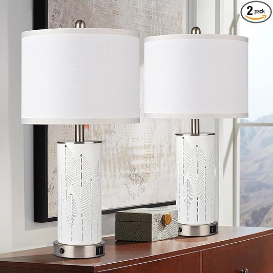 Ceramic Beautifully Engraved Decorative 25" Table Lamps Set of 2 with Nightlight,E26 Socket&Rotary Switch,USB A+C Ports,Modern Bedside Lamps for Nightstand,Bedroom(Bulbs Included)