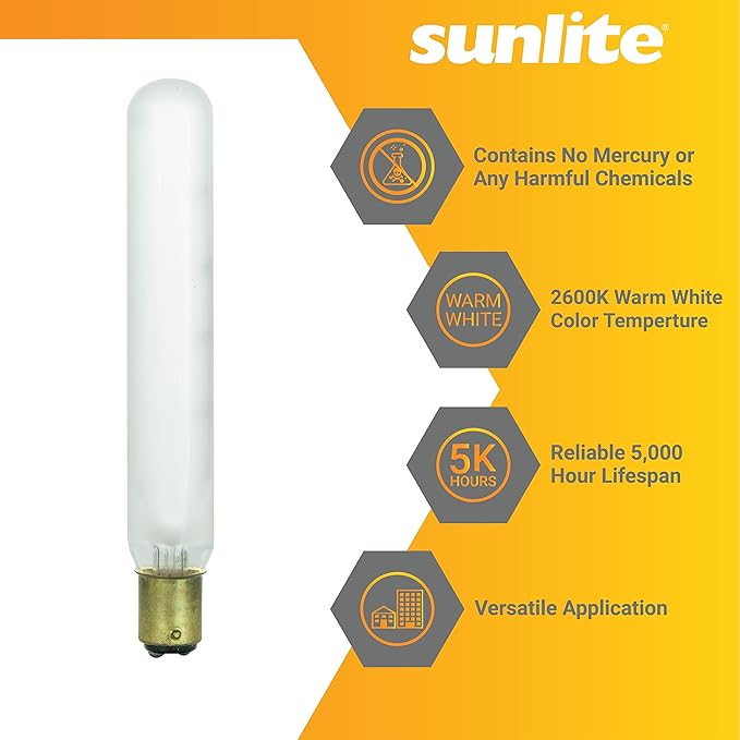 Sunlite 41724 Incandescent T6.5 Tubular Light Bulb, BA15D Double Contact Bayonet Base, 25 Watts, 130 Lumens, Dimmable, Mercury Free, Title 20 Approved, 2600K Warm White, Frost Glass, 25 Count