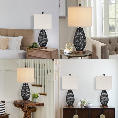 Touch Control Rattan Table Lamps, 3 Way Dimmable Bedside Lamps for Bedroom Set of 2 with 2 USB Ports and AC Outlet, Wicker Nightstand Lamps for Living Room (LED Bulbs Included), Black