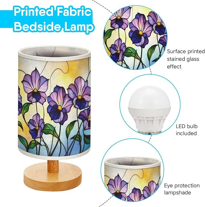 Violet Table Lamp LED 3-Color Pressed Bedside, Violet Shade Lamp with Wood Base for Bedroom Living Room Desk Office TL01