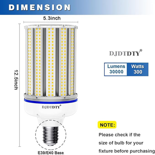 Amazon High Brightness ，300W LED Corn Light Bulb, E39 Base LED Corn Lamp, 25000 Lumen 5000K Daylight 100V~277V Corn Cob Light Bulb for Indoor Outdoo (1Pack, 300Watts)