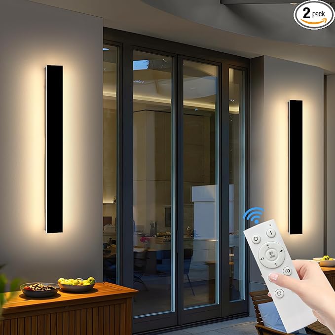 Mikeru 3CCT Dimmable Outdoor Wall Sconce 31.4" IP65 Waterproof -2Pack Modern Black Exterior Light with Remote Control, Adjustable 3000K/4500K/6000K for Porch, Patio & Commercial Spaces | Hardwired