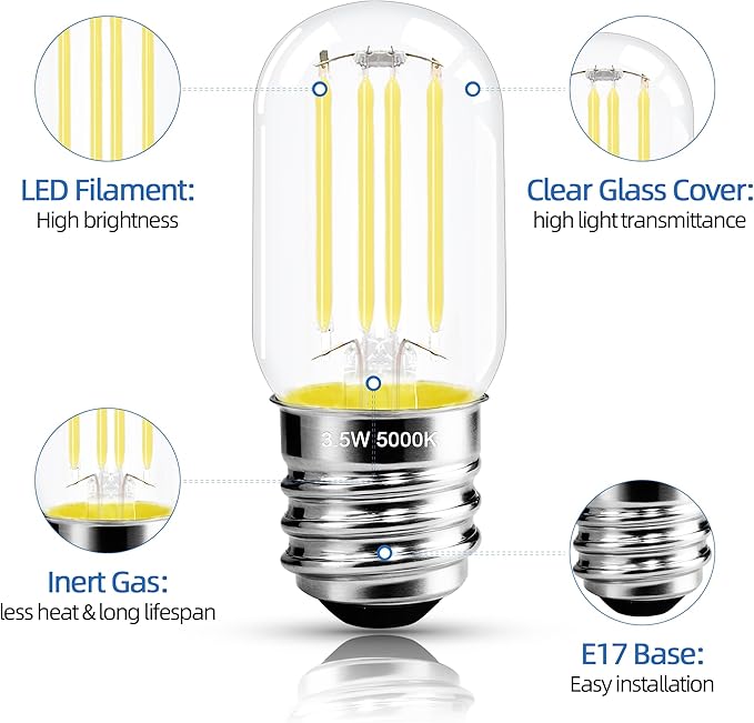 2.5 Inch E17 Intermediate Base LED Filament Bulb 360 Lumens, 5000K Daylight White Dimmable Appliance Bulb AC 120V, UL Listed T8 Microwave Light Bulbs Under Hood for Refrigerator Stove 4Pack