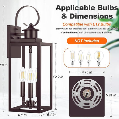 19" Large Outdoor Wall Lights, 3-Light Brown Waterproof Exterior Wall Light Fixtures with Clear Glass Shades, Farmhouse Outdoor Wall Sconces Lantern for House, Porch, Patio, Garage, Front Door, 1-Pack