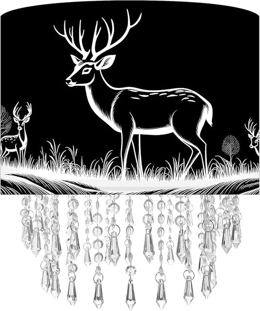 Deer & Forest Lamp Shade Acrylic Bead Droplets, Black Drum Fabric Light Shade for Ceiling Pendant Table & Floor Lamps, Decor & Gift for Wild Animal Nature Lover, 11.8in