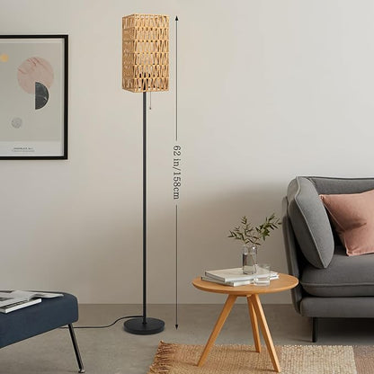 Floor Lamp for Living Room,Farmhouse Floor lamp,Modern Standing lamp with Hand-Worked Rattan Shade (Square Shade-3 Color Blub)
