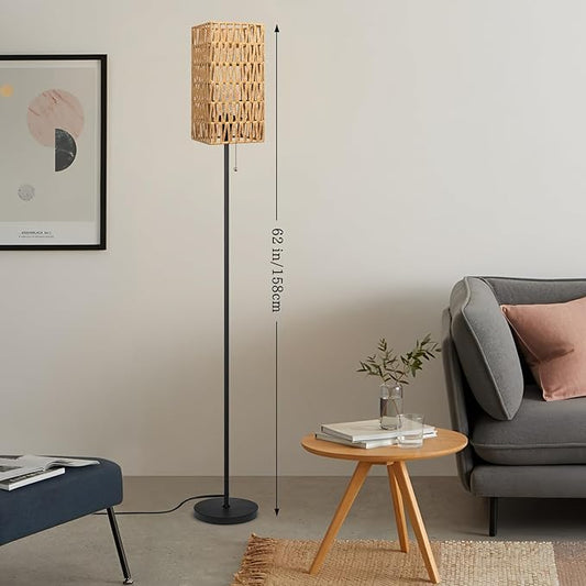 Floor Lamp for Living Room,Farmhouse Floor lamp,Modern Standing lamp with Hand-Worked Rattan Shade (Square Shade-3 Color Blub)