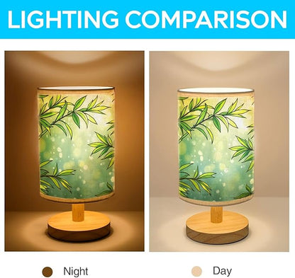 Lucky Bamboo Table Lamp LED 3-Color Pressed Bedside, Lucky Bamboo Shade Lamp with Wood Base for Bedroom Living Room Desk Office