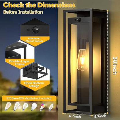 20in Outdoor Wall Light Motion Sensor-Black Modern Sconce Waterproof Exterior Lighting Fixture E26 Socket Porch Lights Extra Large Lantern for Entryway Patio House Garage 2Pack