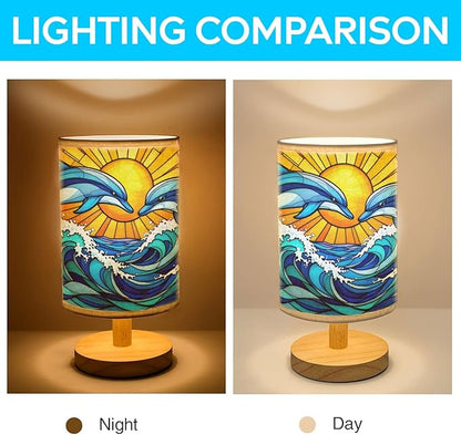 Dolphin Table Lamp LED 3-Color Pressed Bedside, Dolphin Shade Lamp with Wood Base for Bedroom Living Room Desk Office TL01
