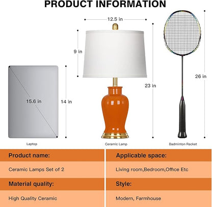 Orange Ceramic Lamps Set of 2, 23" Modern Table Lamps for Living Room, Stylish Bedroom Ginger Jar Lamps, Elegant Bedside Lamp for Night Stand Desk Side End Table Home Decor(Bulbs Included)