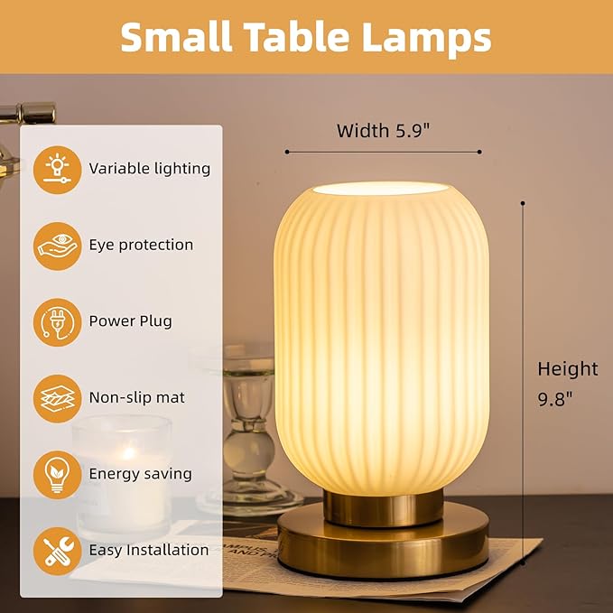 Bedside Table Lamp with Glass Shade, Small Nightlight Lamp Elegant Milky White Glass Nightstand Lamp Modern Desk Lamp with Plug-in Style for Bedroom Living Room Tabletop Dia5.9"x H9.8"