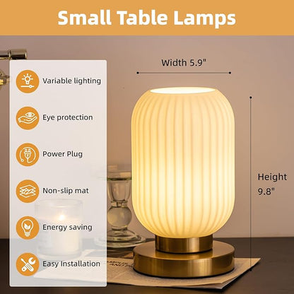 Bedside Table Lamp with Glass Shade, Small Nightlight Lamp Elegant Milky White Glass Nightstand Lamp Modern Desk Lamp with Plug-in Style for Bedroom Living Room Tabletop Dia5.9"x H9.8"