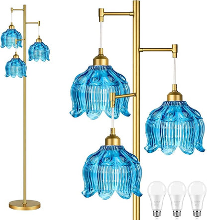 Glass Floor Lamp for Living Room,Bedroom,Gold Mid Century Modern Standing Lamp Brass Tree 3 Light Tall Floor Lamps Vintage Retro Floor Lights Flower Lamp Shade Farmhouse Boho Bohemian