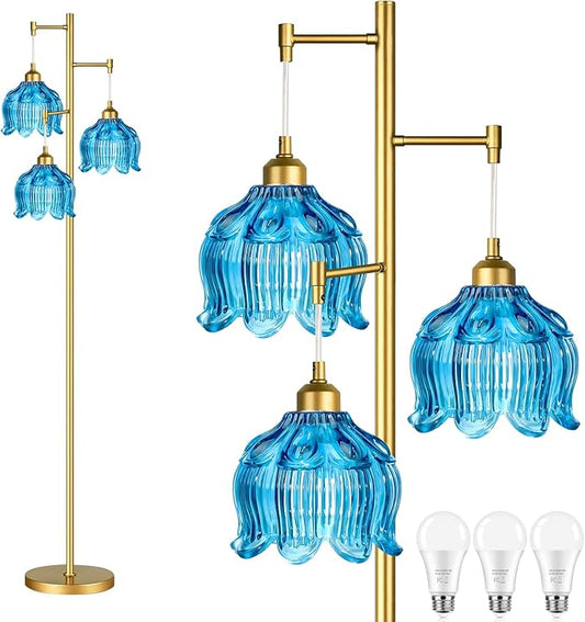 Glass Floor Lamp for Living Room,Bedroom,Gold Mid Century Modern Standing Lamp Brass Tree 3 Light Tall Floor Lamps Vintage Retro Floor Lights Flower Lamp Shade Farmhouse Boho Bohemian