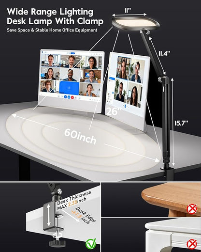LED Desk Lamp for Home Office, Eye-Care Double-Sided Desk Light with Stepless Dimmable Knob Remote, Memory, Adjustable Arm Clip on Light for Video Recording, Zoom Call, Study, Flicker-Free, Glare-Free