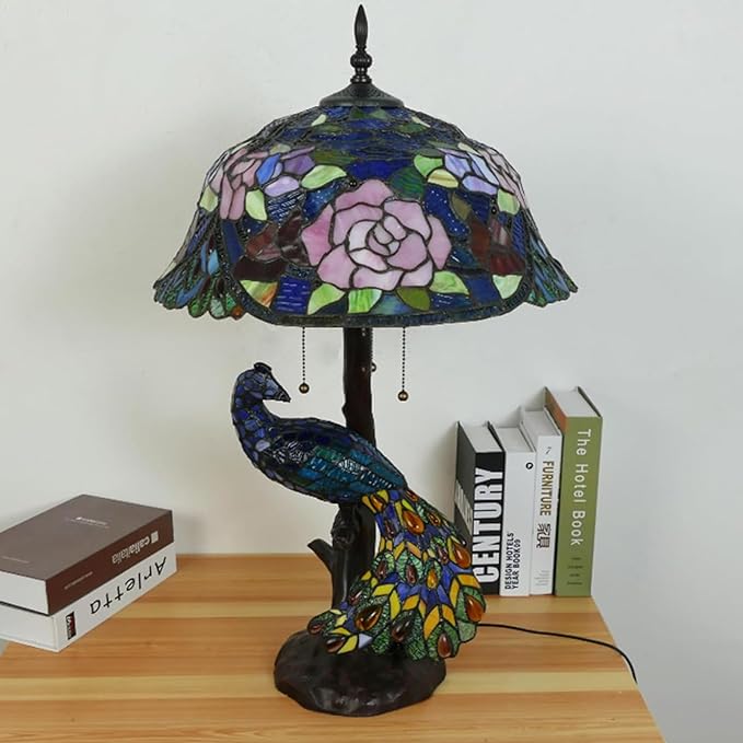 Large Tiffany Table Lamp 18" Wide Handmade Stained Glass Lamp Shade 3 Light Peacock Style Vintage Desk Light for Living Room Bedroom Bedside Reading Light,Blue Rose